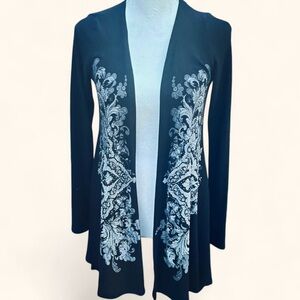 Vocal Rhinestone Floral Open Front Cardigan, Black Gray Asymmetrical Hem Size S